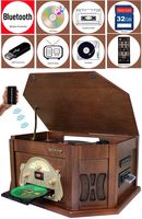 Boytone BT-25MB 8-in-1 Natural Wood Classic Turntable Stereo System with Bluetooth Connection, Vinyl Record Player, AM/FM, CD, Cassette, USB, SD Slot. 2 Built-in Speakers, Remote Control, MP3 Player