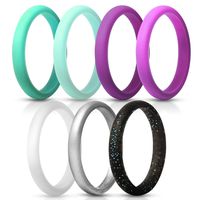 ThunderFit Women's Thin and Stackable Silicone Rings Wedding Bands - 7 Pack (Light Blue, Dark Teal, Silver, White, Black with Teal Glitter, Dark Purple, Light Purple, 6.5-7 (17.3mm))