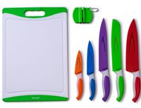 EatNeat 12-Piece Colored Sharp Knife Set: 5 Stainless Steel Kitchen Knives with Covers, Cutting Board and Sharpener