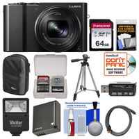 Panasonic Lumix DMC-ZS100 4K Wi-Fi Digital Camera (Black) with 64GB Card + Case + Flash + Battery + Tripod + Kit