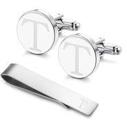 LOYALLOOK Classic Engraved Initial Cufflinks and Tie Clip Bar Set Alphabet Letter Formal Business Wedding Shirts T