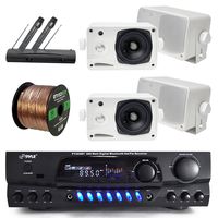 Pyle PT265BT Bluetooth 200 Watt Digital Karakoe Receiver Amplifier Bundle Combo with 4X 3'' Inch 3-Way Wall Mount Speakers + Wireless Handheld Dual Microphone System + Enrock 50 Ft 16g Speaker Wire