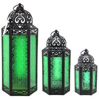 Moroccan Style Candle Lanterns, Green Glass, Set of 3