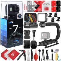 GoPro HERO7 Black 4K 12MP Digital Camcorder w/ 16GB - 23PC Sports Action Bundle (16GB Micro SD, Card Reader, 4PC Curved Adhesive Mount, High Power LED Light, X-Grip Stabilizing Handle & More)
