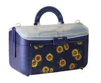 Sewing Kit Storage Box Organizer - Blue Flower Basket, Transparent Lid, Handle, Snaps Closed - Many Sized Compartments - by Adolfo Design