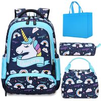 Girls School Backpack Unicorn Backpack Elementary School Bookbags for Kids 3 in 1 Sets with Lunch Tote Bag Pencil Bag Blue