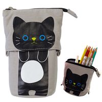 iSuperb Transformer Stand Store Pencil Holder Canvas+PU Cartoon Cute Cat Telescopic Pencil Pouch Bag Stationery Pen Case Box with Zipper Closure 7.5 x 4.9 x 3.0inch/4.1x 3.0inch (Gray)