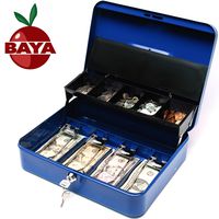 BAYA Cash Box with Money Tray | Key Lock | Tiered Coin Tray with Lid | Steel Cash/Money Storage Safe | for Petty Cash Security | 12 x 10 x 3.5 Inches | Blue