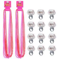Konsait Party Beads Necklaces(12pcs) & Light Up Engagement Diamond Rings(12pcs), Bachelorette Party Light Up Rings with Bachelorette Party Beads 33inch (Pink & Red)