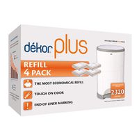 Dekor Plus Diaper Pail Refills | 4 Count | Most Economical Refill System | Quick & Easy to Replace | No Preset Bag Size - Use Only What You Need | Exclusive End-of-Liner Marking | Baby Powder Scent