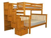 Bedz King Stairway Bunk Beds Twin over Full with 4 Drawers in the Steps, Honey