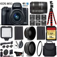 Canon EOS M50 Mirrorless Digital Camera with 15-45mm Lens + LED + UV FLD CPL Filter Kit + Wide Angle & Telephoto Lens + Camera Case + Tripod + Card Reader - International Version Bundle