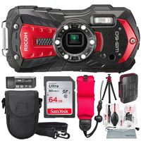 Ricoh WG-60 Waterproof Digital Camera, Red with 64GB, Floating Strap, Tripod, Cleaning Kit Deluxe Accessory Bundle