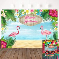 Mehofoto 7x5ft Happy Birthday Backdrops Flamingle Flamingo Hawaiian Birthday Party Vinyl Banner Backdrop Tropical Beach or Aloha Party Dessert Table Children Customized Photo Booth Background
