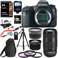 Canon EOS 6D 20.2 MP CMOS Digital SLR Camera Body, Canon EF 70-300mm f/4-5.6 IS II USM Lens, Polaroid .43x HD Wide Angle, 2.2X Telephoto Lens, Lexar 633x 64GB, Polaroid 72" Tripod and Accessory Bundle