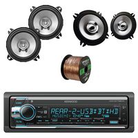 Kenwood Single Din CD/AM/FM Car Audio Receiver with Bluetooth with Kenwood 4 Inch Coaxial Speakers Stereo Pair, Kenwood Sports Series 5.25 Inch Car Coaxial Speakers Pair & Enrock Speaker Wire