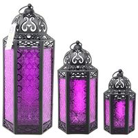Moroccan Style Candle Lanterns, Purple Glass, Set of 3