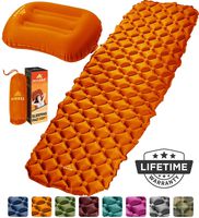 HiHiker Camping Sleeping Pad + Inflatable Travel Pillow - Ultralight Backpacking Air Mattress w/Compact Carrying Bag -Sleeping Mat for Hiking Traveling & Outdoor Activities (Orange)