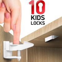 Kitchen Cabinet Locks Child Safety - 10 Pack Adhesive Child Proof Cabinet Locks - Baby Safety Cabinet Locks - Child Locks for Cabinets and Drawers - Corner & Door Guards, Socket Covers - E-Book Story