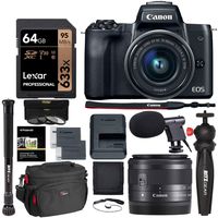 Canon EOS M50 15-45mm f/3.5-6.3 is STM Mirrorless Digital Camera Bundle, Includes 64GB U3 Video Memory Card, Camera Bag + Mic + Compact Monopod + Filter Kit & More