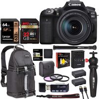 Canon 90D DSLR Camera 18-135mm Lens Kit with Two Memory Cards, Vivitar Sling Camera Bag, Monopod,Tabletop Tripod, Card Reader, Filter Kit Bundle