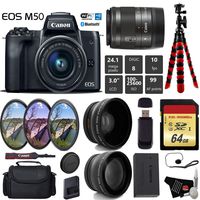 Canon EOS M50 Mirrorless Digital Camera with 15-45mm Lens + UV FLD CPL Filter Kit + Wide Angle & Telephoto Lens + Camera Case + Tripod + Card Reader - International Version Kit