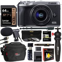 Canon EOS M6 Mark II Mirrorless Camera with Viewfinder and EF-M 15-45mm Lens (Silver) [ 3612C011 ] with Lexar 64GB U3 Video Memory Card, Tabletop Tripod, Filter Kit, Memory Card Reader and Camera Bag