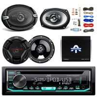 JVC CD/MP3 AM/FM Radio Player Car Receiver Bundle Combo with 2x JVC 300W 6.5" 2-Way Car Audio Speakers, 2 x 6x9" 3-Way Stereo Speaker, 1600 Watt Class A/B Amplifier, Boss 8gauge amp Install Kit