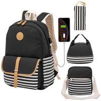 Kuston School Backpacks for Women Teen Girls with USB Charging Port Lightweight Canvas Bookbag Set 4 in 1