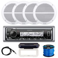 Kenwood KMR-M325BT Marine Digital Media Bluetooth Receiver, 4 x Enrock EM602W 2-Way 6.5" Weather-Resistant Full-Range Speakers (White), Radio Antenna, Receiver Shield, Speaker Wire