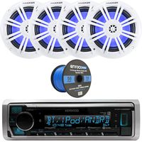 Kenwood Marine Boat Audio Bluetooth USB Receiver Bundle Combo with 4 x Kicker 6.5" Audio Blue LED Coaxial Speakers and Enrock Marine-Grade Spool of 14-Gauge 50 Foot Speaker Wire