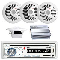 Pyle CD Bluetooth Marine Stereo Radio Receiver & Waterproof (2) 6.5'' Speaker Kit, 4X Pyle 150 Watts 6.5'' 2 Way Marine White Speakers, Pyle 4 Channel 400 Watt Waterproof Marine White Amplifier