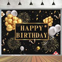 7x5ft Happy Birthday Backdrop Golden Balloons Stars Fireworks Party Decoration, Black Gold Sign Poster Photo Booth Backdrop Background Banner for Men Women 30th 40th 50th 60th 70th 80th Bday Party Supplies