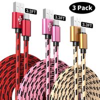 USB Type C Cable, 3-Pack 3.3ft USB A to USB-C Fast Charger Nylon Braided Cord Phone Data Power Wire Compatible with Samsung Galaxy 9 8 S9 S8 S8 Plus S10,LG V30,V20,G6,Nintendo Switch, Red, Pink, Gold