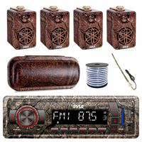 Pyle Marine Single-DIN Bluetooth MP3 USB AUX Camo AM/FM Radio, 4X Pyle 3.5" Wall Mount Indoor/Outdoor 3-Way Camo Speakers, Stereo Shield Cover, Enrock Camouflage Boat Antenna, 18-G 50 Ft Wire