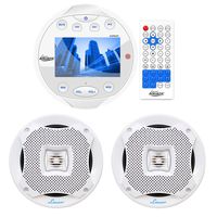 Lanzar AQR84W 4x28 W Round Aquatic Waterproof Marine Stereo Boat in Dash Radio Receiver System with Bluetooth - White, 2X Lanzar AQ5CXW 5.25" Marine Water Resistant 2 Way 400 Watt White Speakers