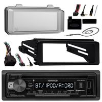 Kenwood KDCBT21 Bluetooth Radio USB AUX CD Player Receiver W/ Cover - Bundle With Install Dash Kit + Handle Bar Control + Enrock Antenna for 98 2013 Harley Touring Flht Flhx Flhtc Motorcycle Bike