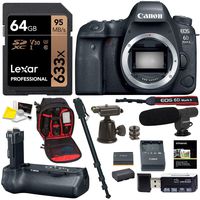 Canon EOS 6D Mark II Digital SLR Camera Body with Canon Battery Grip, Lexar 633x U3 64GB Memory Card, SLR Camera Backpack, Monopod with Ball Head and Accesory Bundle