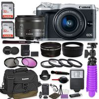 Canon EOS M6 Mirrorless Digital Camera (Silver) Premium Accessory Bundle with Canon EF-M 15-45mm is STM Lens (Silver) +Shoulder Case + 64GB Memory + HD Filters + Auxiliary Lenses