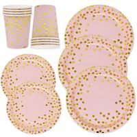 Pink and Gold Valentine's Day Party Supplies Set for 50 Guest Gold Metallic Foil Dots on Pink 50 9" Paper Dinner Plates 50 7" Dessert Plate 50 9 oz Cups for Baby Shower Birthday Disposable Dinnerware