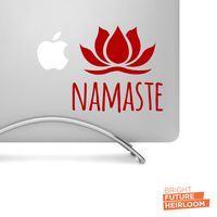 NAMASTE + Lotus Typography - 5" Wide BURGUNDY Decal - For MacBook, Laptop, Tablet, and more!