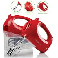 Ovente Electric Hand Mixer with 5 Speed Ultra Mixing Power and Snap-On Storage Case, 2 Stainless Steel Beater Attachments, Compact and Light, 150 Watts Perfect for Home Use, Red (HM151R)