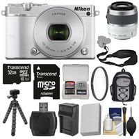 Nikon 1 J5 Wi-Fi Digital Camera & 10-30mm & 30-110mm Lens (White) with 32GB Card + Backpack + Battery & Charger + Flex Tripod + Strap + Kit