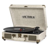 Victrola Bluetooth Suitcase Record Player with 3-Speed Turntable, Light Beige Linen
