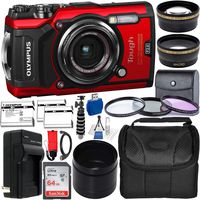 Olympus Tough TG-6 Digital Camera with Deluxe Accessory Bundle - Includes: SanDisk Ultra 64GB SDXC Memory Card + 2X Spare Batteries with Charger + Flexible Gripster + Adapter Tube + More (Red)
