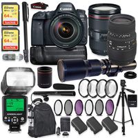 Canon EOS 6D Mark II DSLR Camera w/ 24-105mm f4L II USM Lens, Sigma 70-300mm Lens & 500mm Lens + 64GB Sandisk Extreme Cards + TTL Flash (Guide # 58/190 ft) + 60" Portable Tripod + Professional Kit