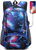 Backpack for School College Student Bookbag Travel Business with USB Charging Port Laptop Compartment Chest Straps Night Light Reflective Anti theft (Galaxy)