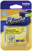 Brother Genuine P-touch M-K631 Label Tape 1/2" (0.47") Standard Laminated P-touch Tape, Black on Yellow Laminated for Indoor or Outdoor Use, Water Resistant, 26.2 Feet (8M), Single-Pack (MK631)