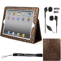eBigValue Bronze Leopard Smart Faux Leather Kickstand Portfolio Padfolio Stand Alone Cover Case for Apple iPad 3 Tablet (All 3rd Generation Versions) (TM) Determination Hand Strap and Earbuds