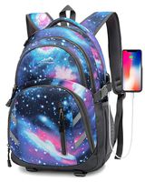 Backpack for School College Student with USB Charging Port Business Laptop Travel Bookbag with Luggage Chest Strap Night Light Reflective (Galaxy)
